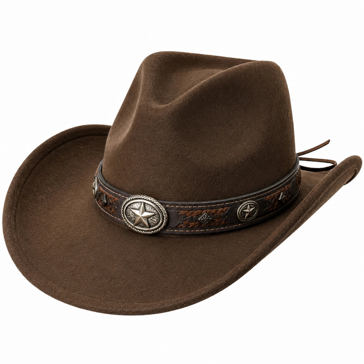Cowboyhut Einheitsgröße Braun mit filzartiger Oberfläche und dekorativem Hutband
