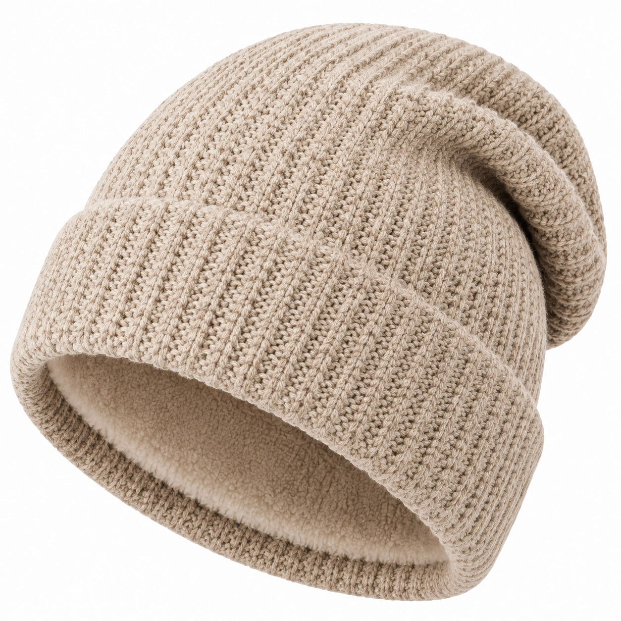 Strickmütze Einheitsgröße Beige mit Innenfutter - gerippte Wintermütze