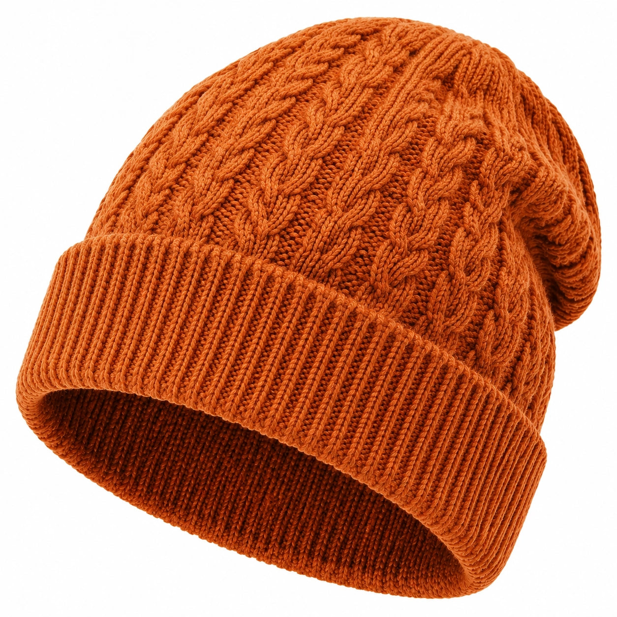 Strickmütze Einheitsgröße Orange mit Umschlag Zopfmuster