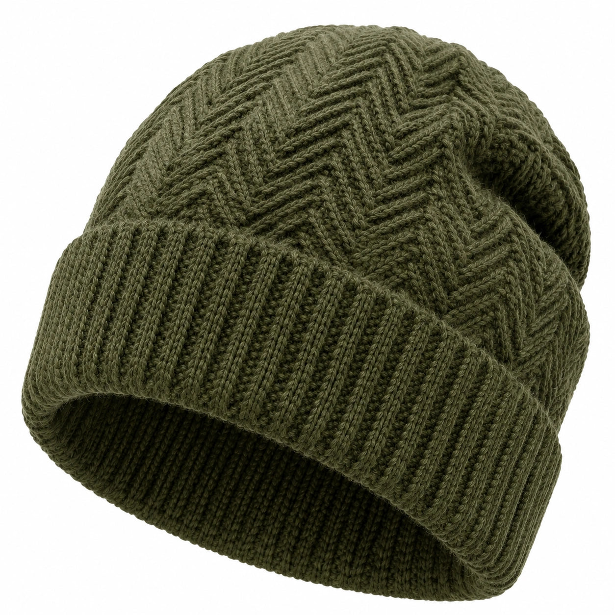 Strickmütze Einheitsgröße Olivgrün mit Umschlag geripptes Zopfmuster für Alltag