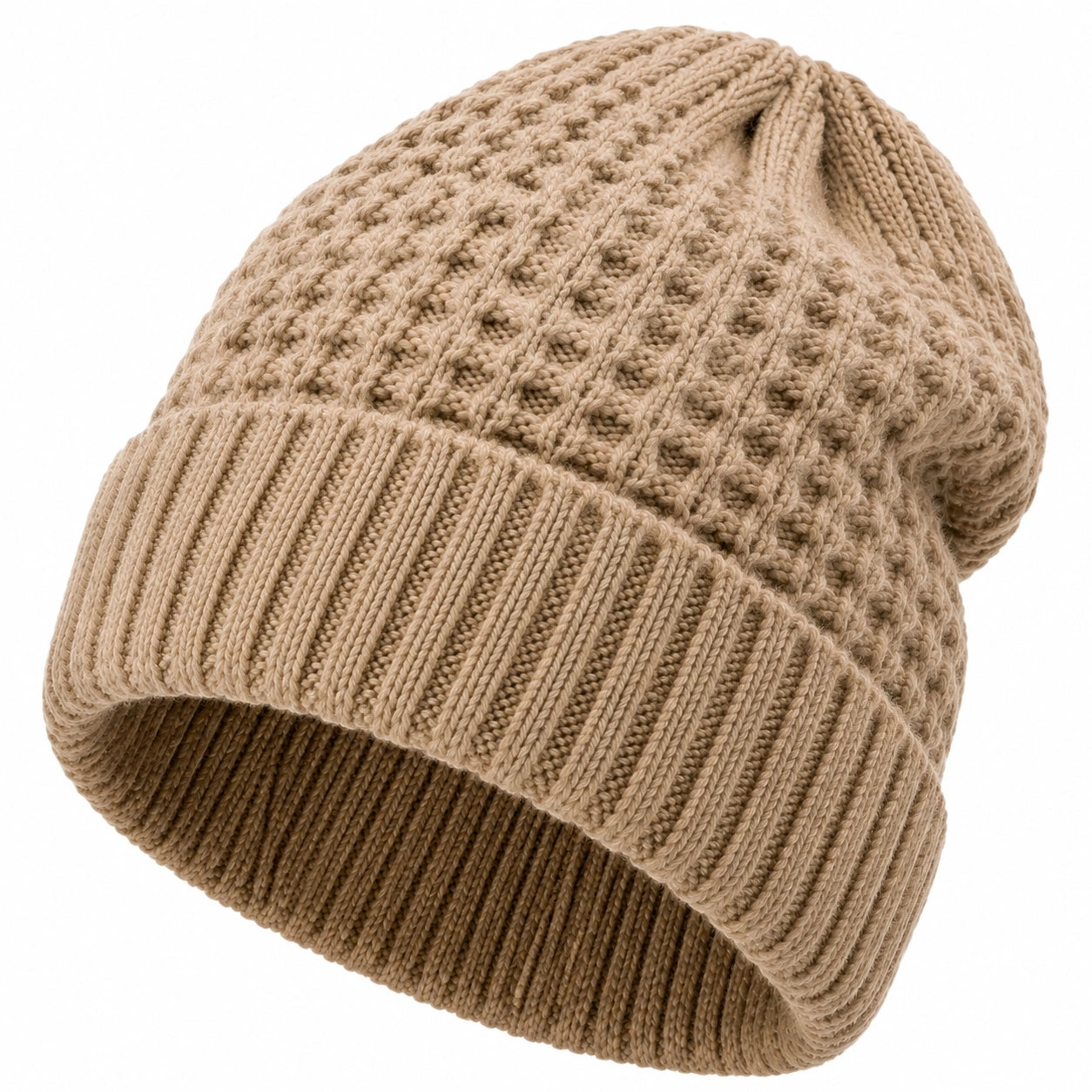 Strickmütze Einheitsgröße Beige mit Umschlag und Zopfmuster