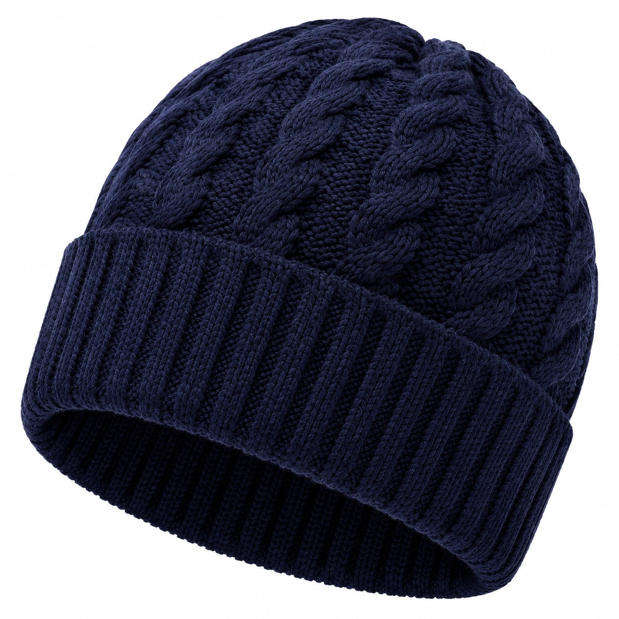 Strickmütze Einheitsgröße Dunkelblau mit Zopfmuster und Umschlag für Alltag